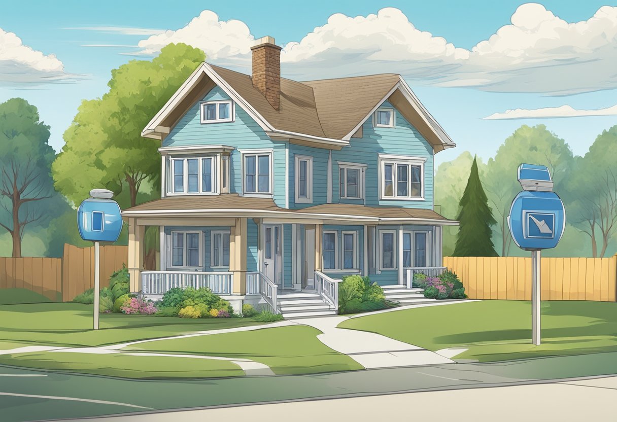 A house split in two, one side with a mortgage sign, the other without. A scale tips towards the mortgage-free side