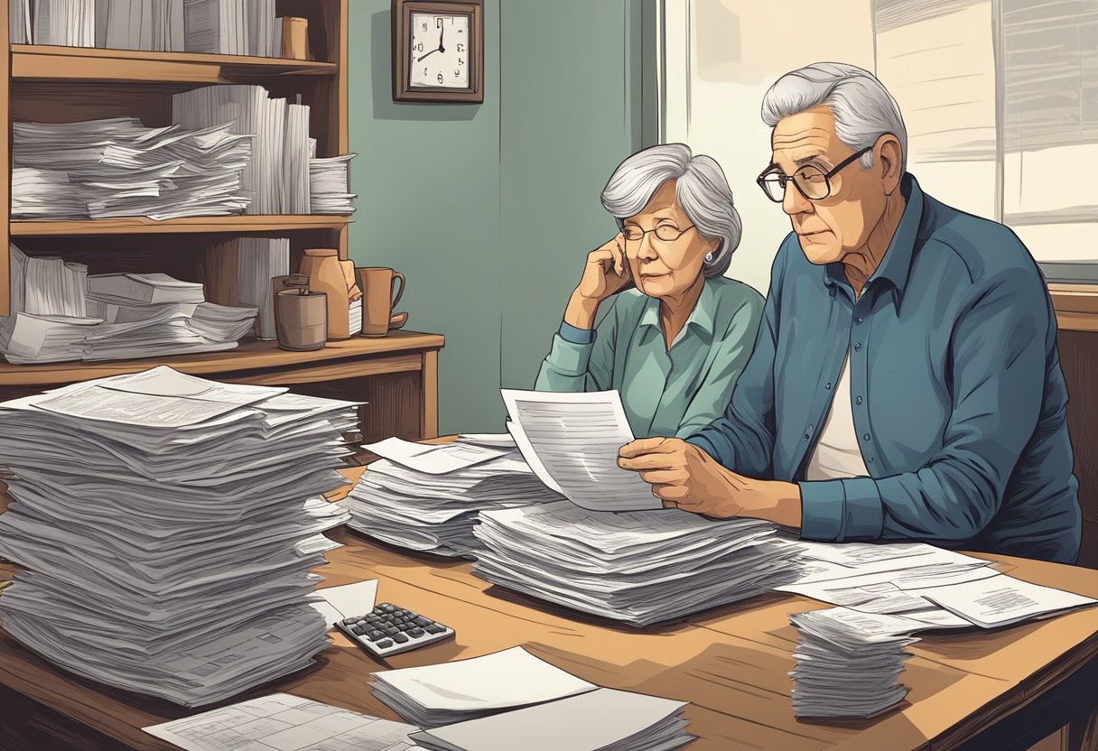 A retired couple sits at a table with piles of bills and tax forms, pondering the impact of a mortgage on their retirement taxes