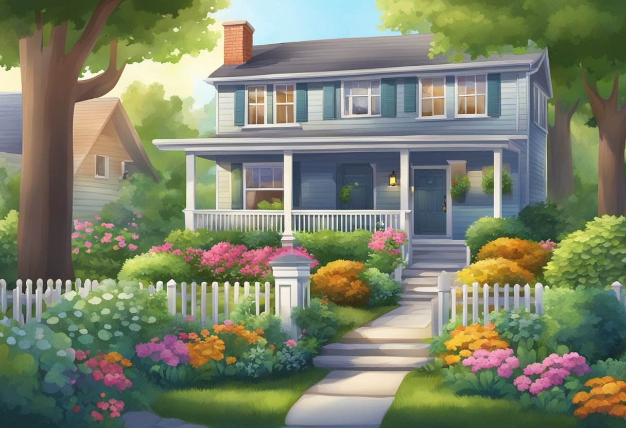 A cozy, well-kept home with a "For Sale" sign in the front yard, surrounded by a lush garden and friendly neighbors