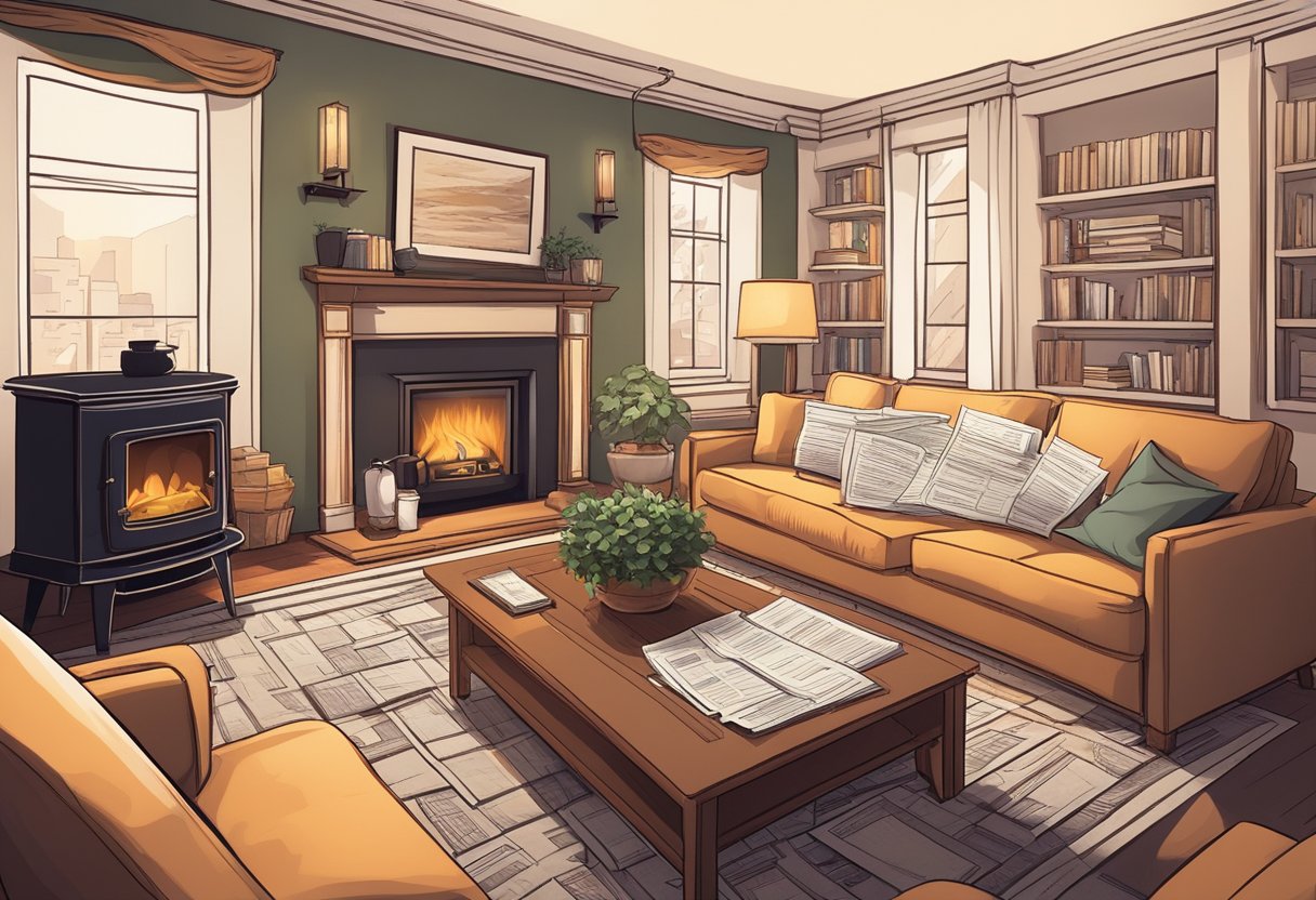 A cozy living room with a comfortable sofa, warm lighting, and a crackling fireplace. A stack of bills and mortgage papers on the coffee table, creating a sense of financial burden