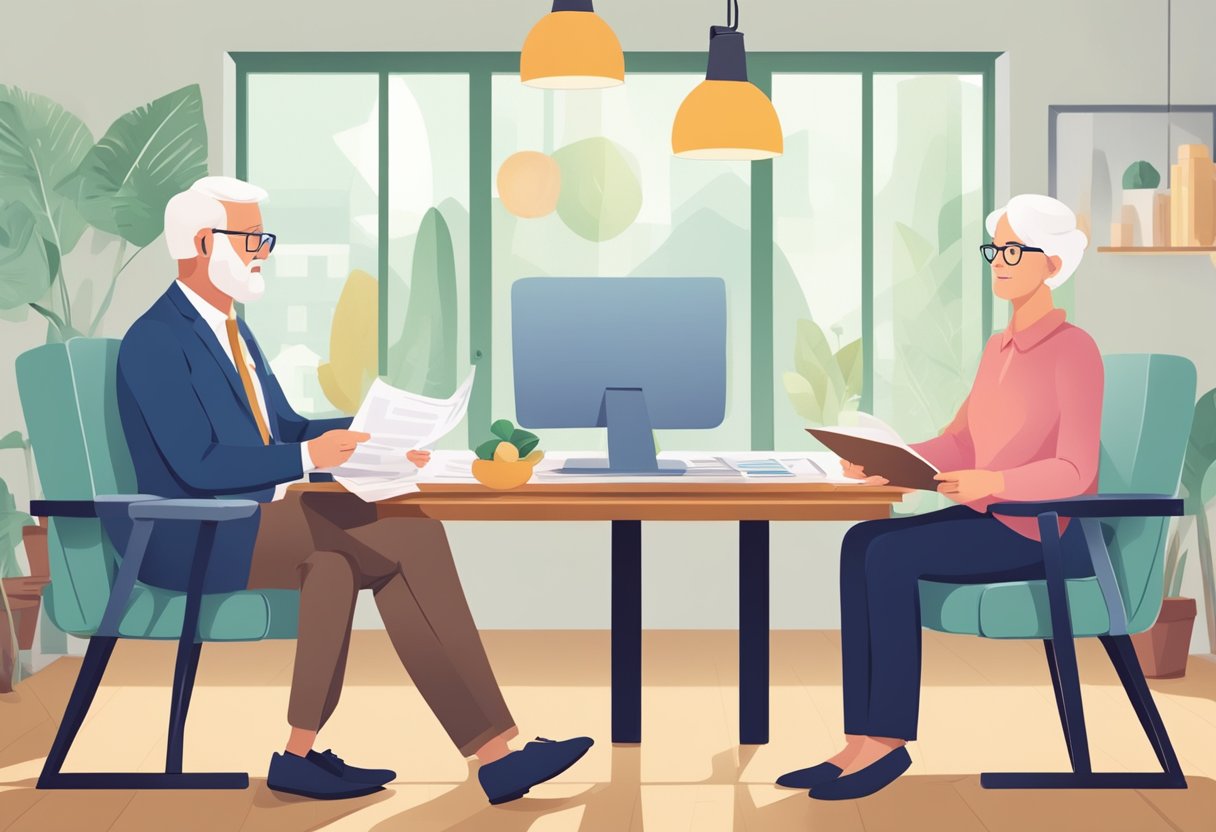 A person consulting with a financial advisor, comparing the benefits of retiring with or without a mortgage
