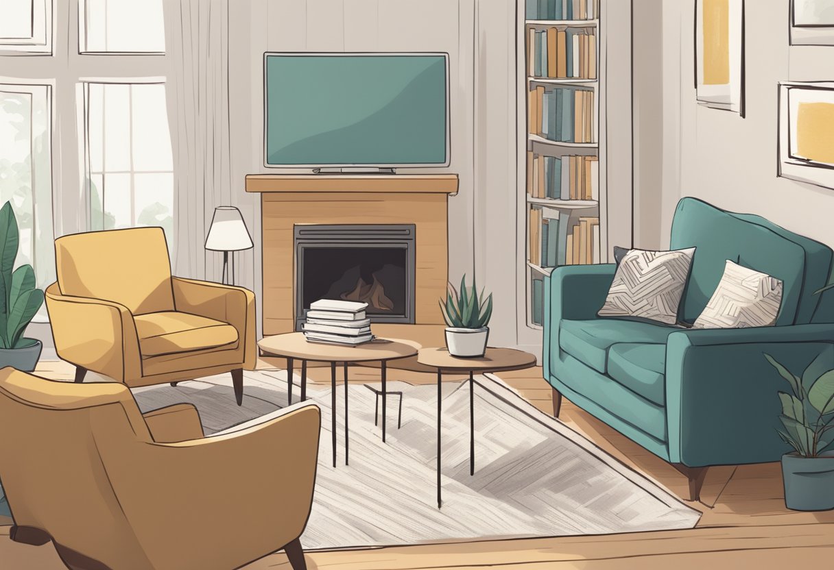 A serene living room with a cozy armchair, a stack of books, and a laptop open to a webpage titled "Frequently Asked Questions: Is it better to retire with or without a mortgage?"