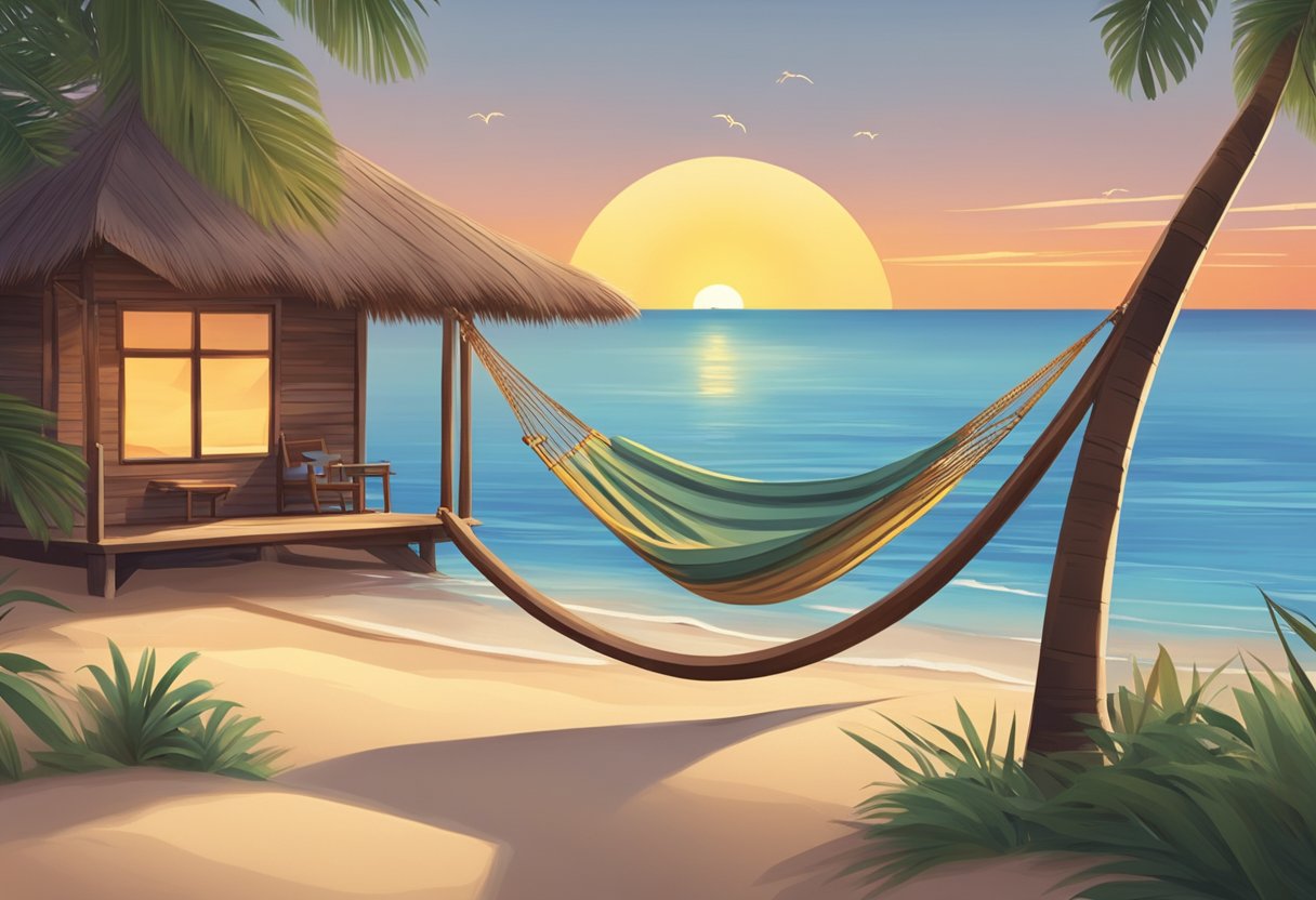 A serene beach at sunset, with a hammock swaying between two palm trees and a small wooden hut in the background, symbolizing relaxation and retirement