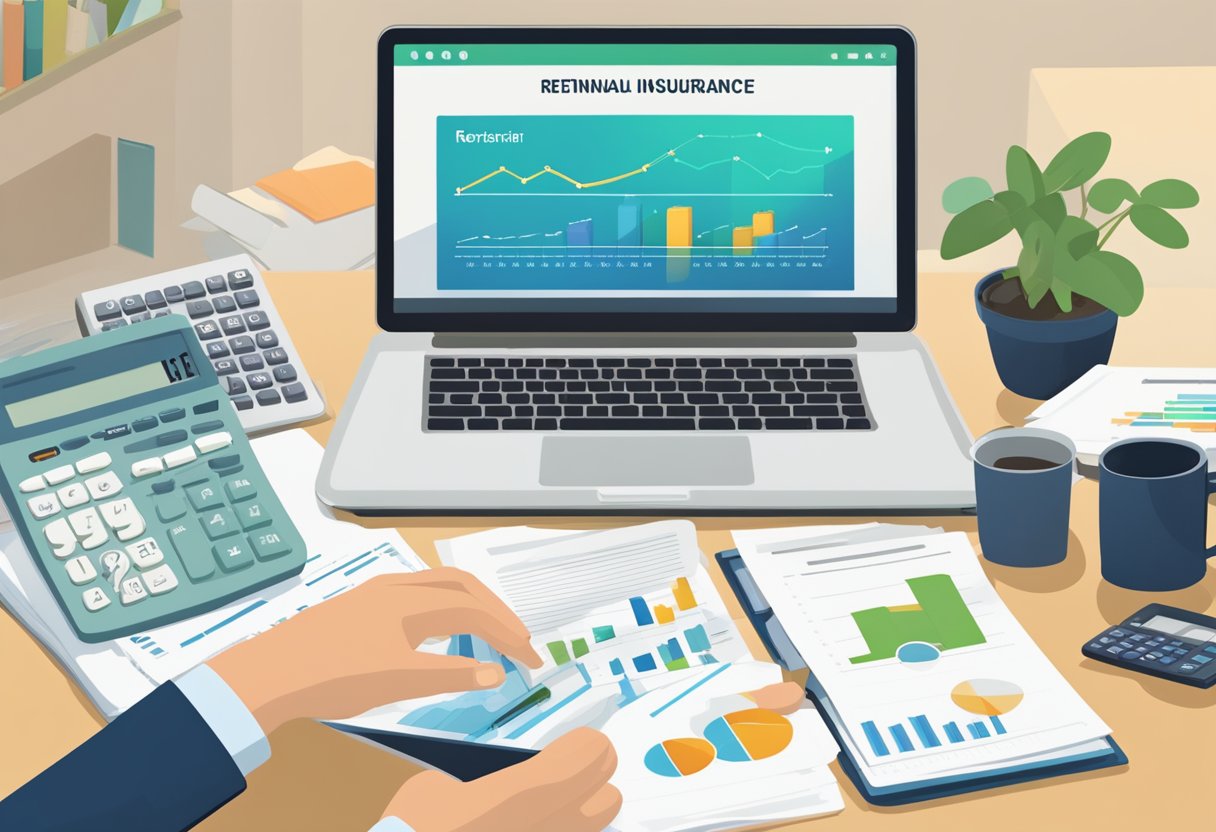 A person sits at a desk with a calculator, financial documents, and a laptop open to a retirement planning website. A chart showing investment growth and a list of potential insurance options are visible