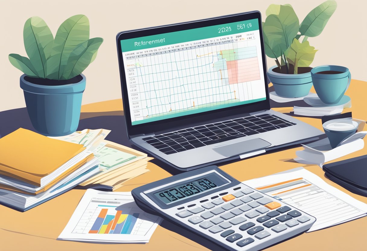 A person's desk with a laptop showing investment charts, a calculator, and a stack of financial documents. A retirement planner book and a calendar with the date of 58 circled