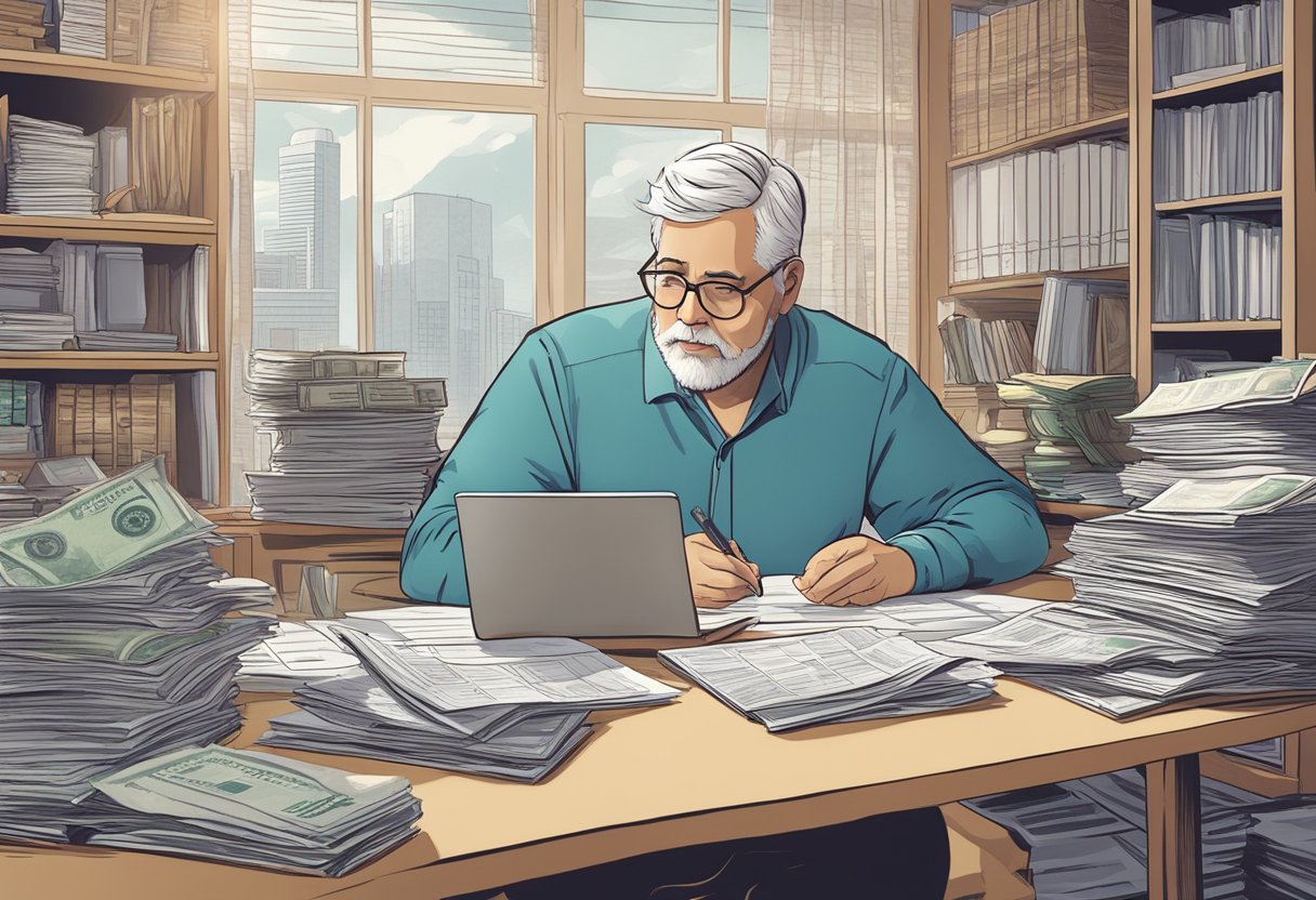 A person researching tax considerations, surrounded by financial documents and calculators, pondering retirement with $15 million at 58