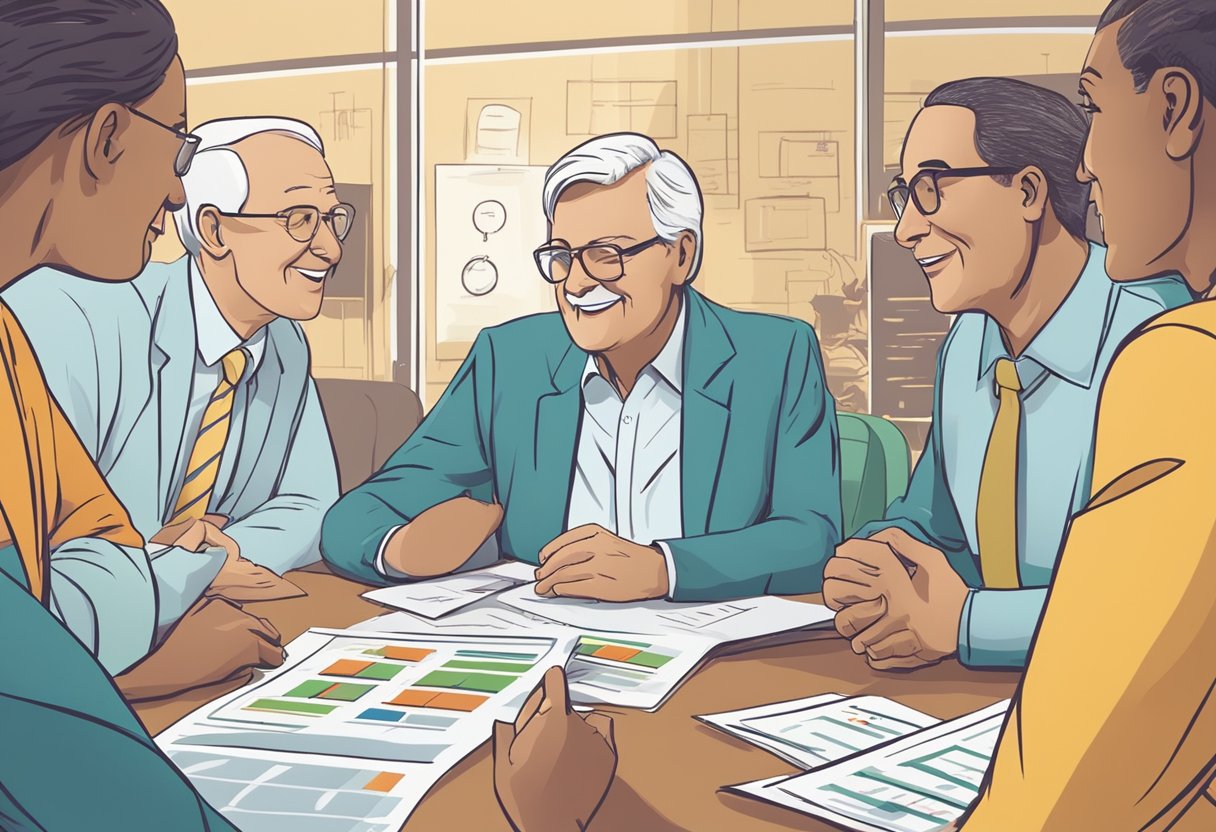 A group of financial professionals discussing retirement plans with a client, charts and graphs displayed on a large screen, the client's hopeful expression as they ask, "Can I retire with 15 million at 58?"