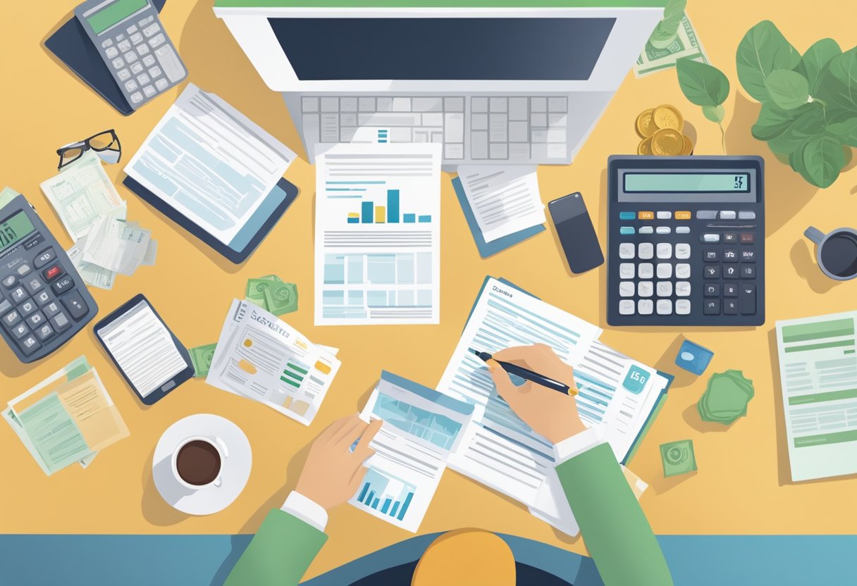 A person reviewing financial documents with a calculator, retirement savings plans, and tax forms spread out on a desk