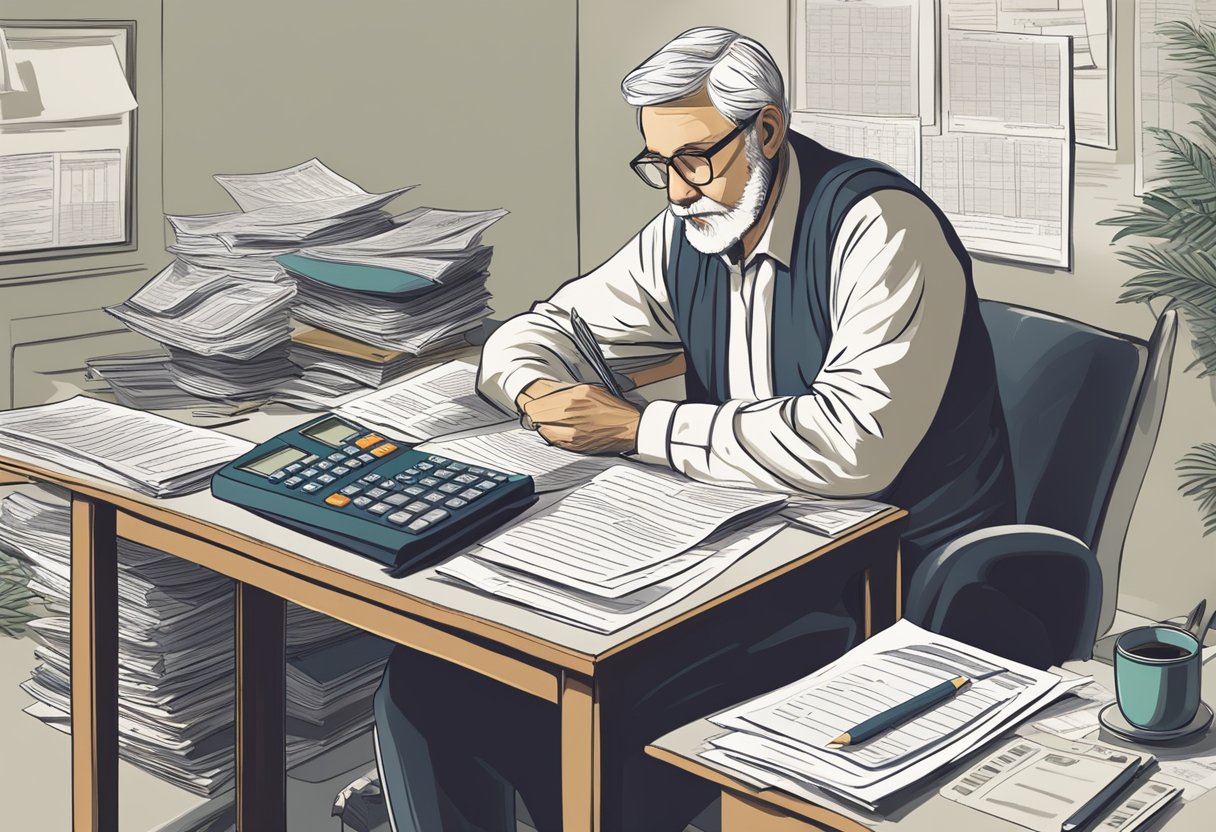 A person sits at a desk, surrounded by financial documents and a calculator. They are deep in thought, contemplating their options for healthcare in retirement without a 401k