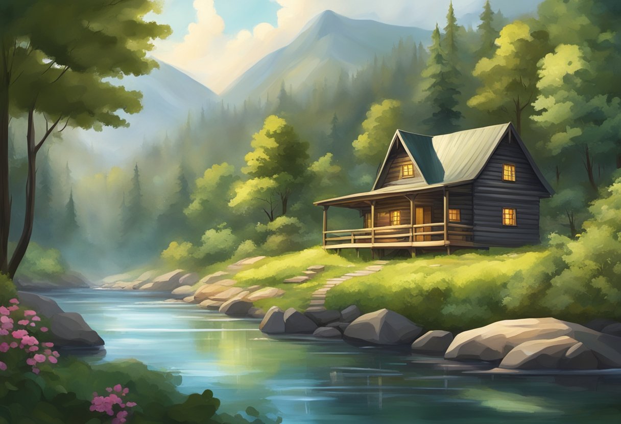 A serene landscape with a tranquil river flowing through a lush forest, with a quaint cabin nestled among the trees, and a small garden flourishing nearby