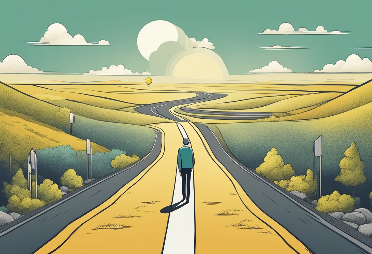 A person facing a fork in the road, with one path leading to a secure retirement with a 401k, and the other path representing the uncertainty of retiring without one