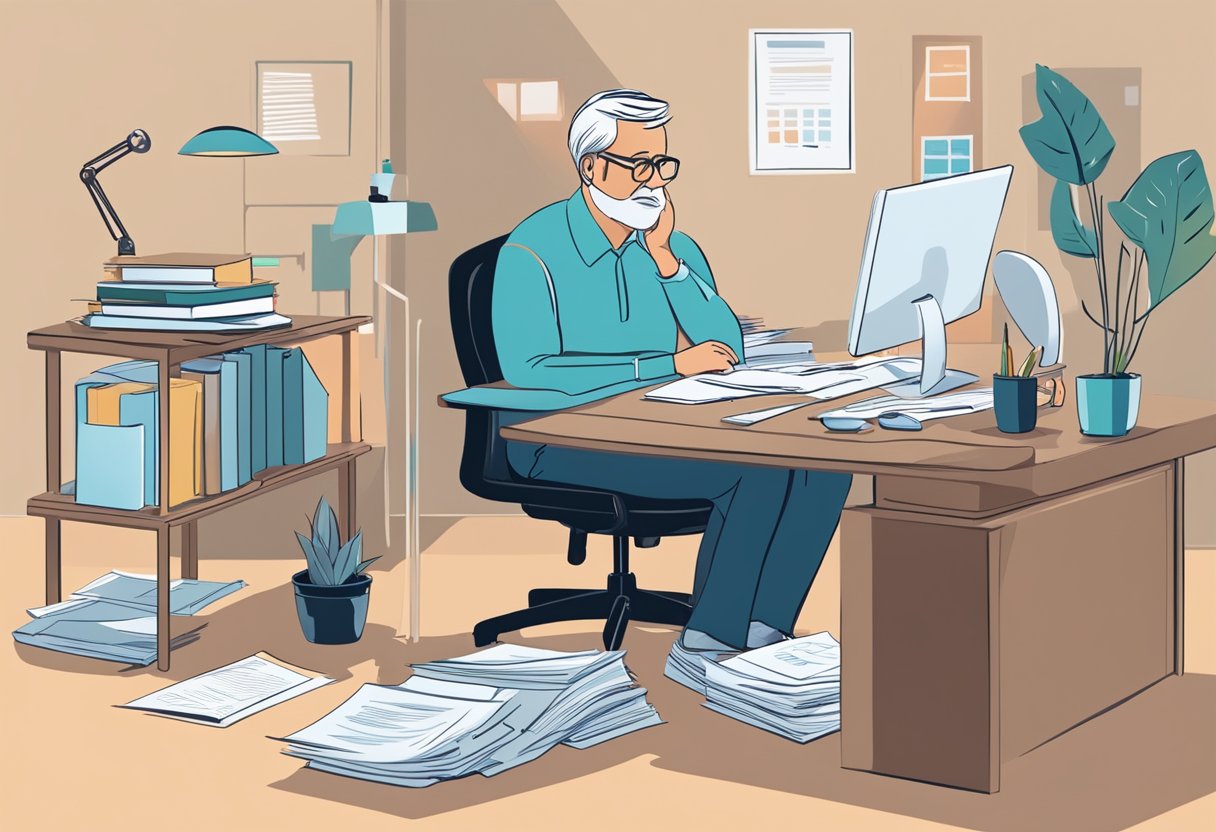 A person sitting at a desk, surrounded by papers and a computer, looks stressed as they contemplate their retirement without a 401k