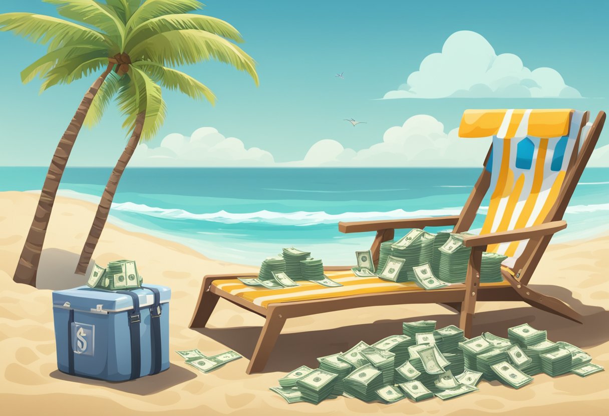A pile of money with a large "$50,000,000" written on it, surrounded by retirement symbols like a beach chair, palm tree, and a calendar