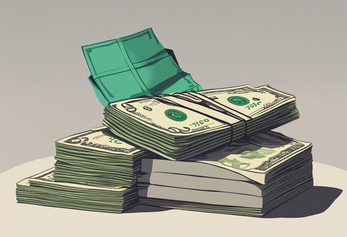 A stack of cash dwindling over time, with a calendar showing the passing years