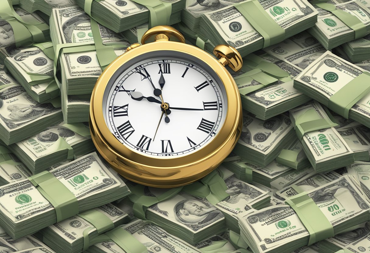 A pile of money diminishing in size over time, with a clock showing the passage of years