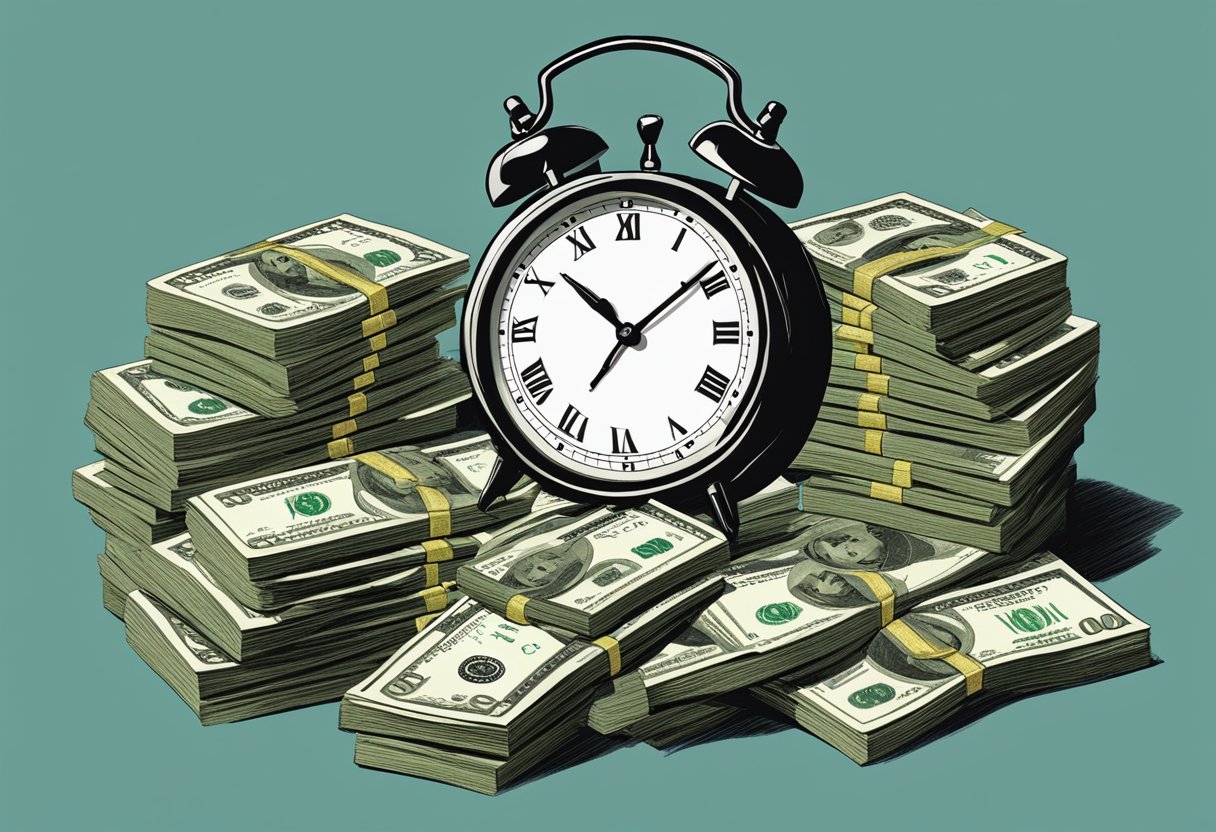 A stack of money dwindling over time, with a clock in the background showing the passage of years