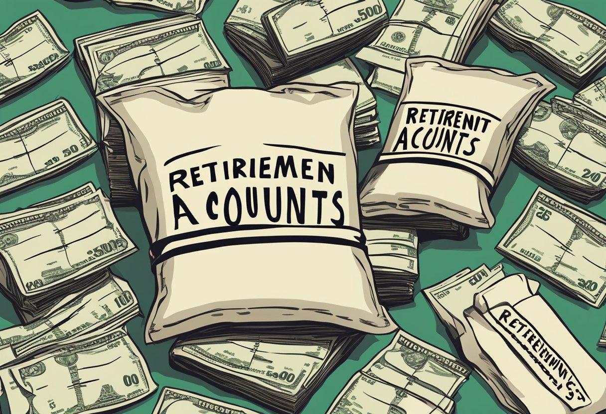 A pile of money bags labeled "Retirement Accounts" with a large number "50,000,000" on them, surrounded by a calendar showing years passing