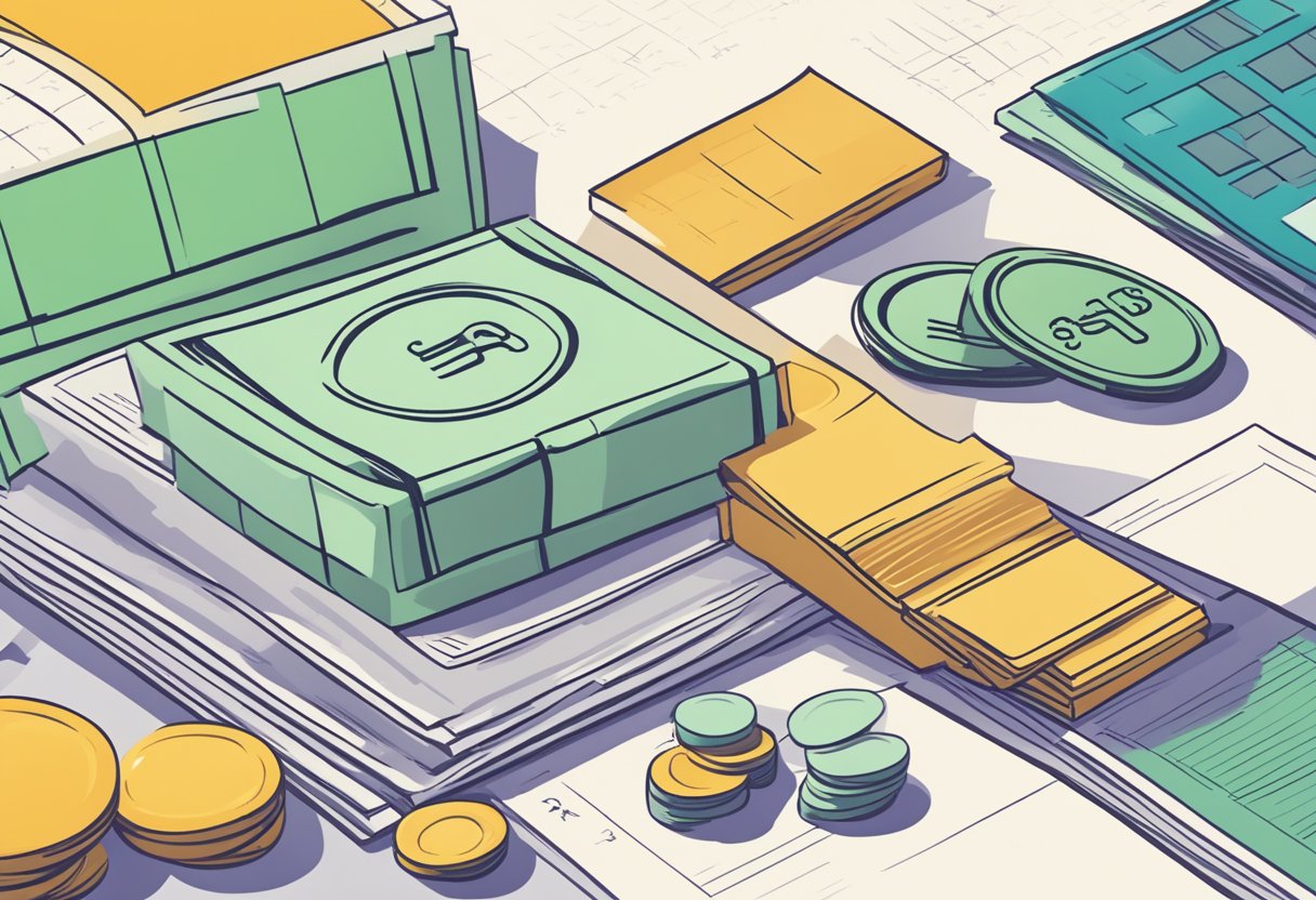 A stack of cash, a pile of coins, a line graph showing income sources, and a calendar indicating retirement years