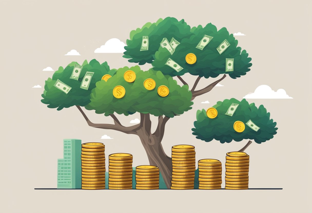 A stack of money grows on a tree, while a chart shows the rise of millionaire retirees