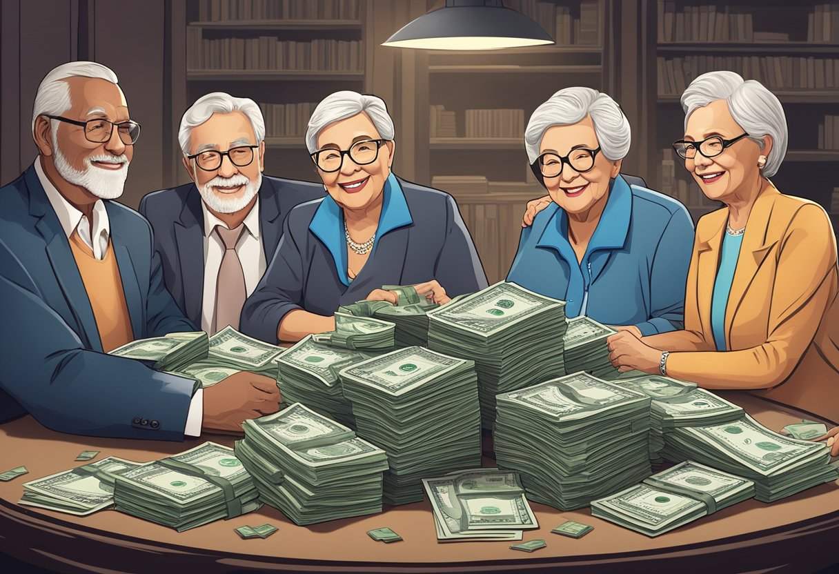 A group of retirees sit around a table, surrounded by stacks of money and financial documents, indicating their millionaire status