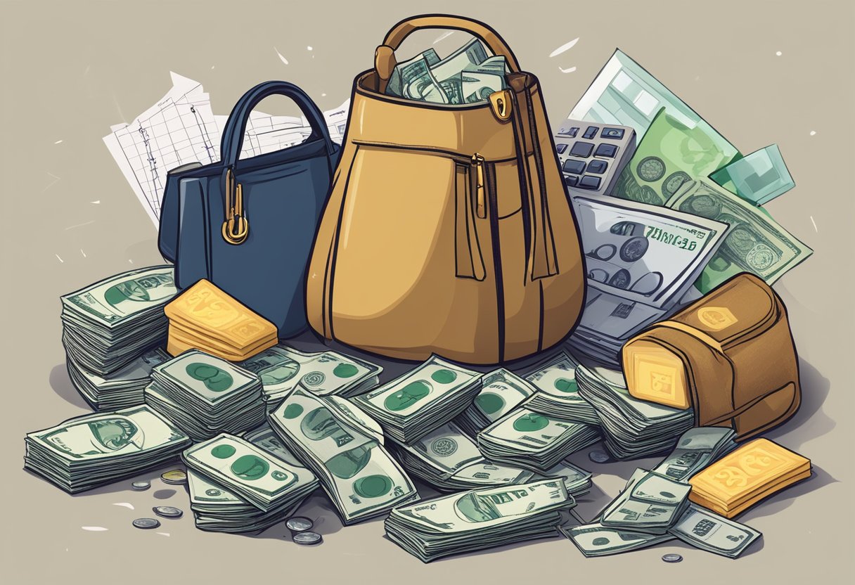 A pile of money bags surrounded by retirement calculators and financial charts