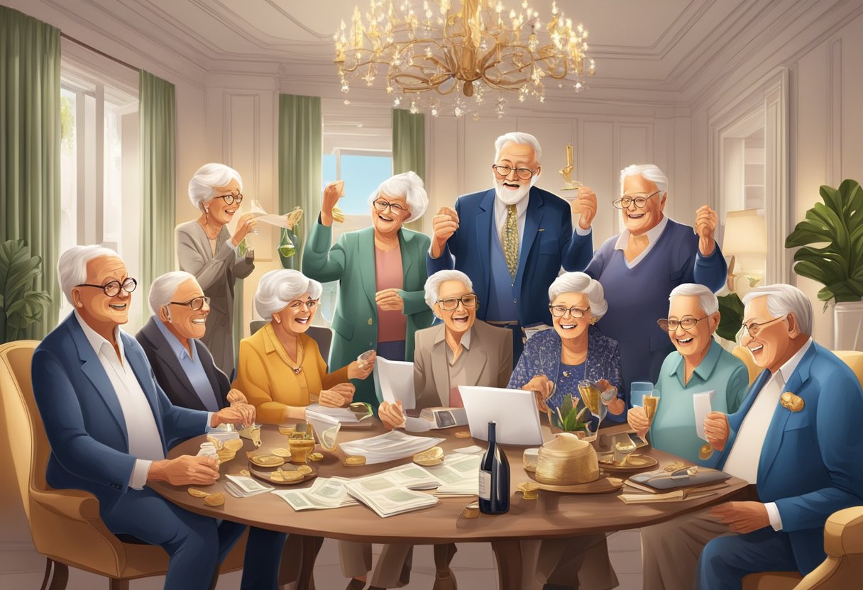 A group of retirees celebrating their millionaire status, surrounded by luxury items and financial documents