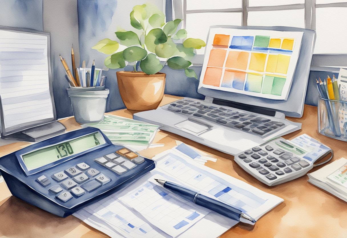 A desk with a computer, calculator, and financial documents. A chart showing salary ranges for various professions