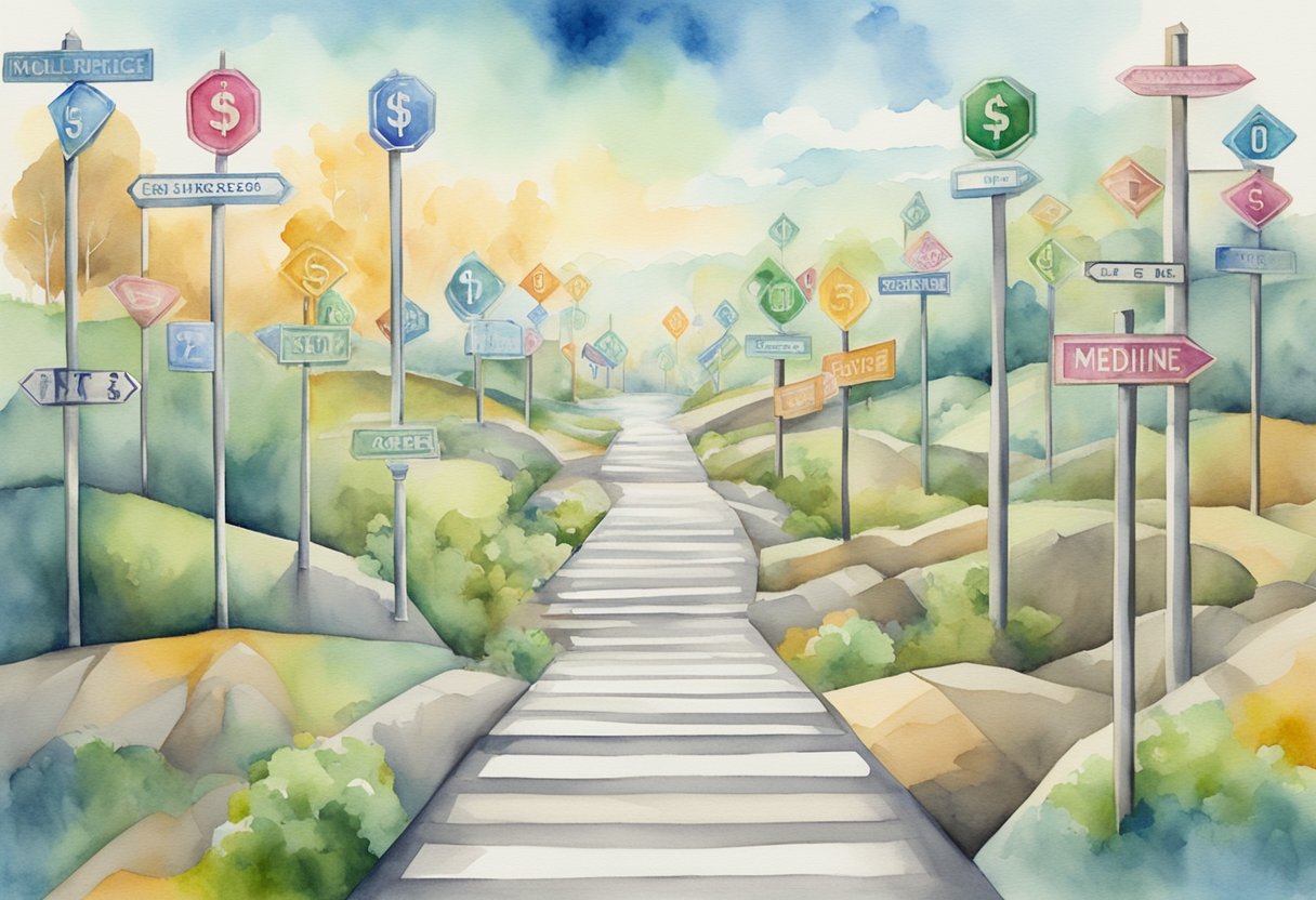 A pathway with signposts leading to various high-paying careers, such as medicine, engineering, and technology, with dollar signs symbolizing financial success