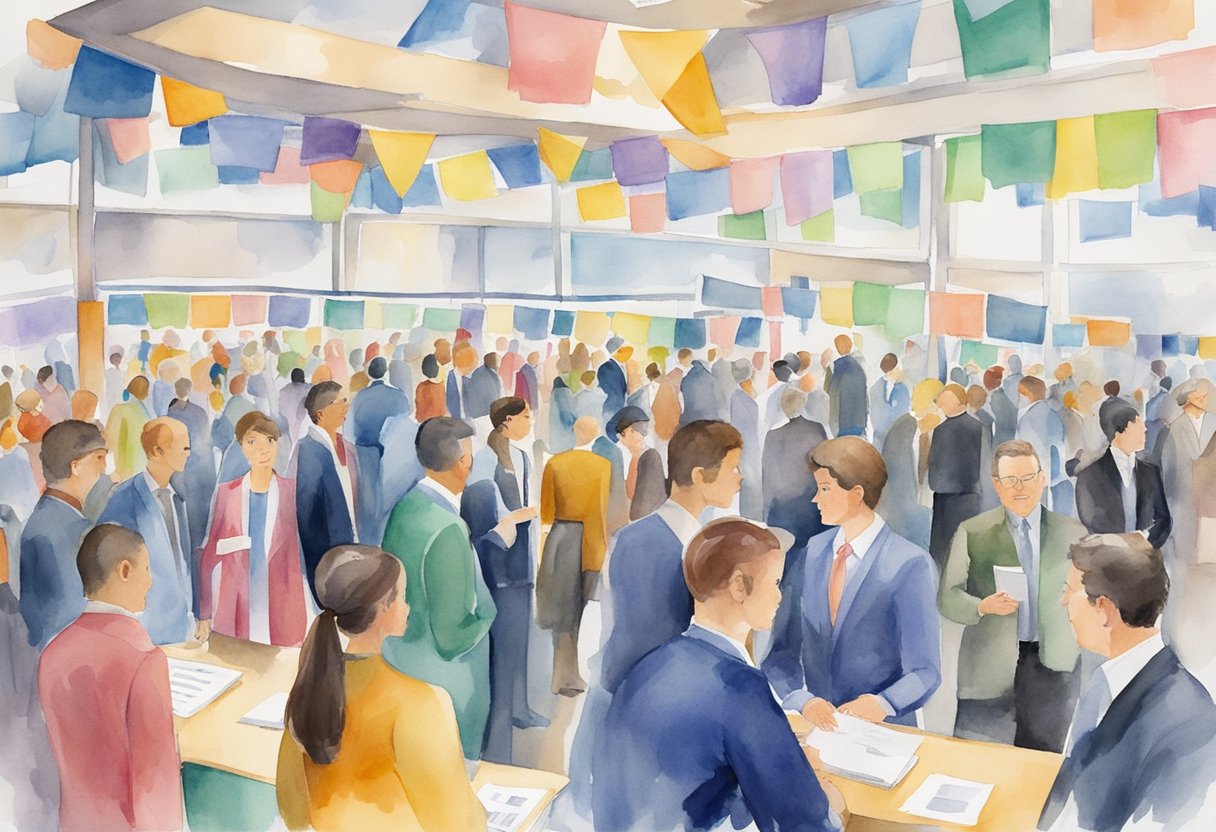 A bustling job fair with colorful banners and booths, people in professional attire networking and discussing potential high-paying careers