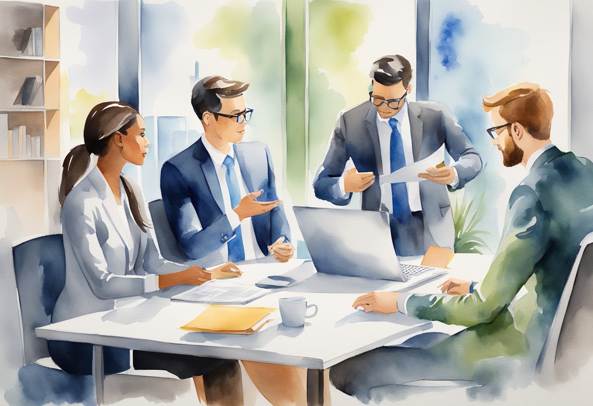 A group of professionals discussing salary and career advancement options in a modern office setting