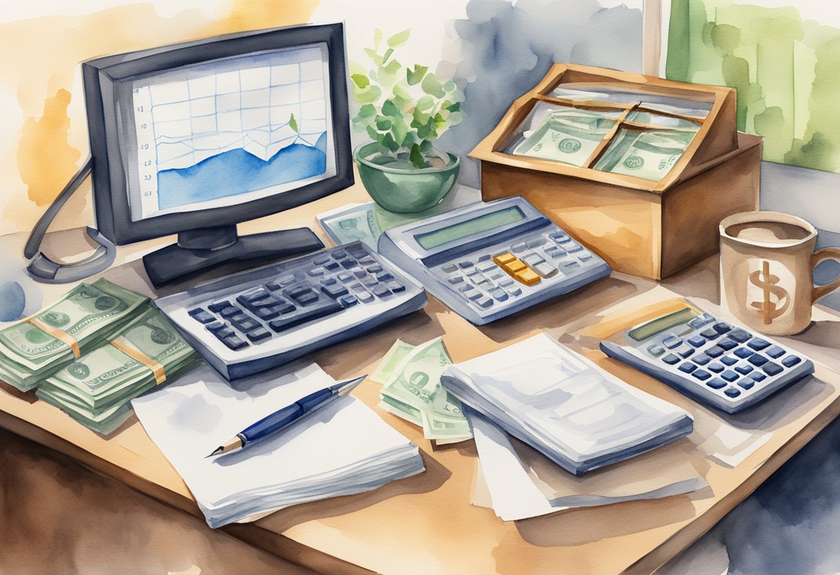 A desk with a computer, calculator, and money symbol. A chart showing high paying careers
