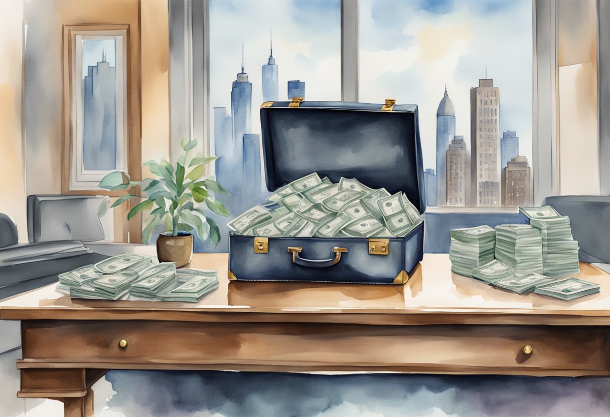 A briefcase overflowing with money sits on a sleek desk, surrounded by luxury office decor and a view of a city skyline
