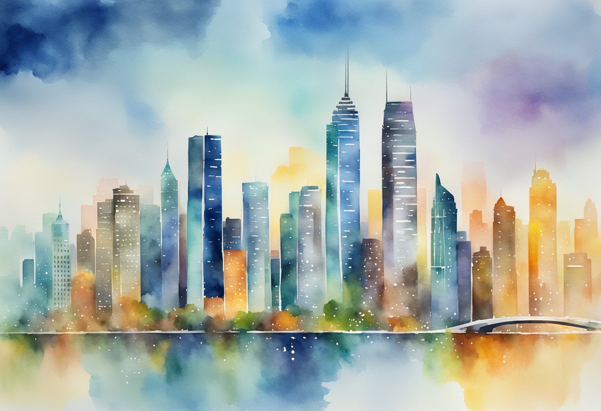 A bustling city skyline with skyscrapers and a vibrant financial district, showcasing the potential for high-paying business and management opportunities