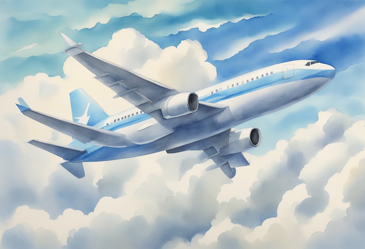 A sleek, modern airplane soaring through a clear blue sky, with fluffy white clouds in the background