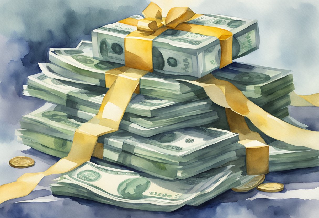 A stack of money towering over other objects, symbolizing the concept of a high-paying job