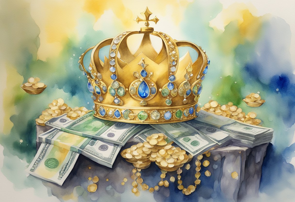A golden crown resting on a lavish throne, surrounded by piles of glittering jewels and stacks of money