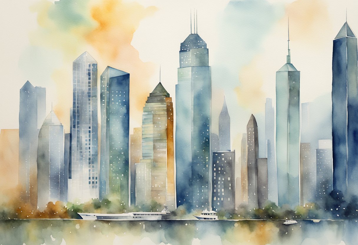 A skyline with towering skyscrapers, representing high-paying jobs in finance, technology, and healthcare. The buildings symbolize the potential for lucrative careers and professional success