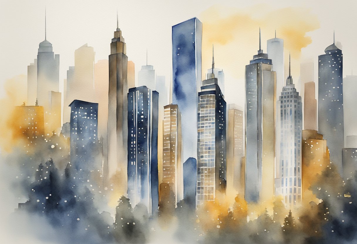 A bustling city skyline with skyscrapers and office buildings, representing the competitive job market. A spotlight shines on a towering, opulent corporate headquarters, symbolizing the highest paid job in the world