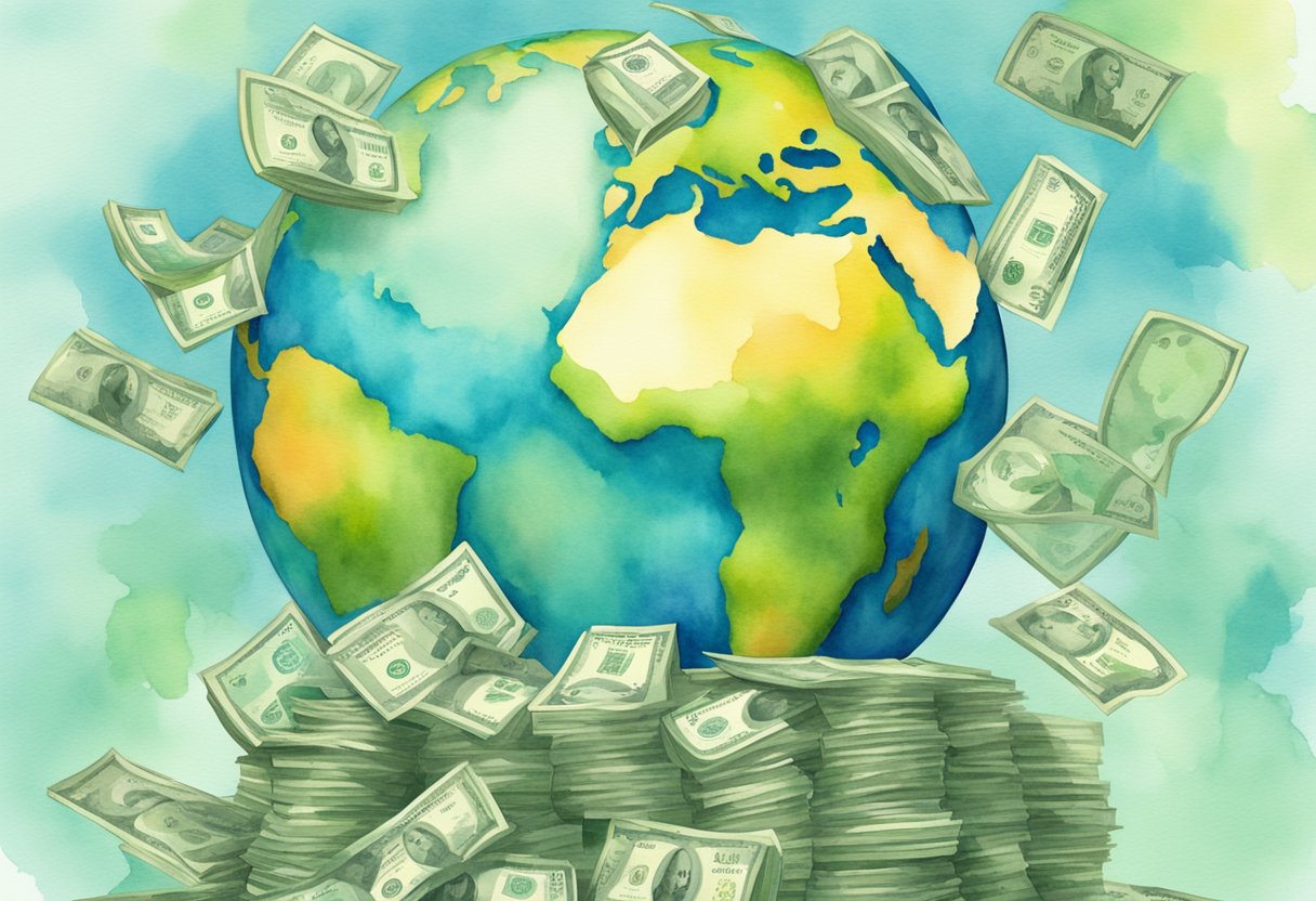A stack of money towering over a globe, with dollar signs and question marks floating around it