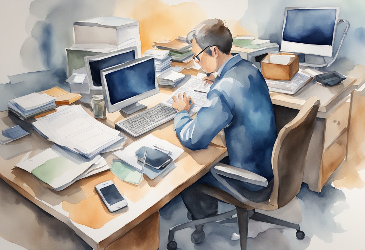 A cluttered desk with a computer, paperwork, and a phone. A person sitting in a chair with a tired expression