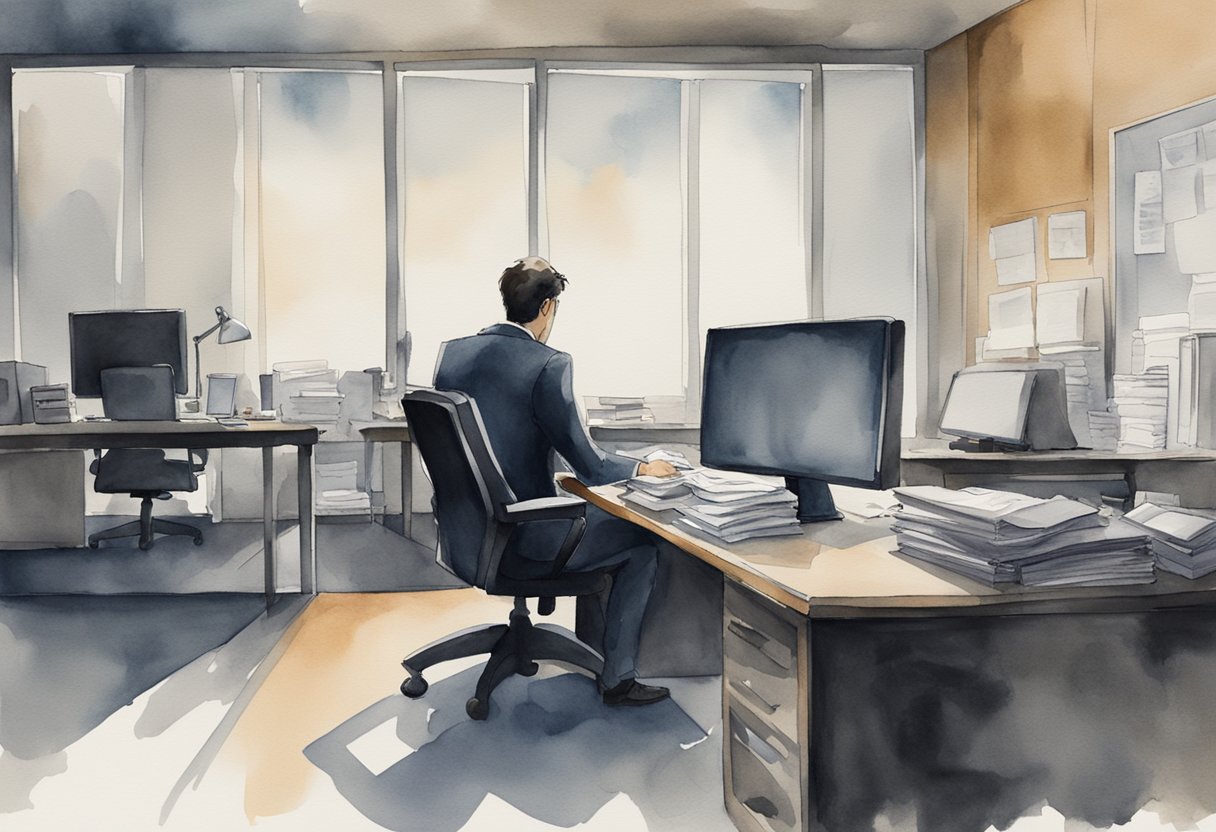 A dark, gloomy office with a desk cluttered with paperwork and a lone figure slumped in their chair, staring blankly at the computer screen