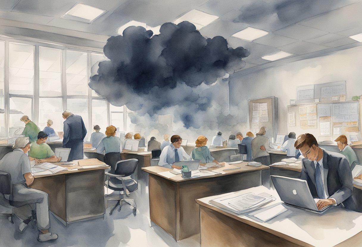 A dark cloud hovers over a crowded office, with workers slumped at their desks. A chart on the wall shows "High Depression Rates" in the "Healthcare" sector