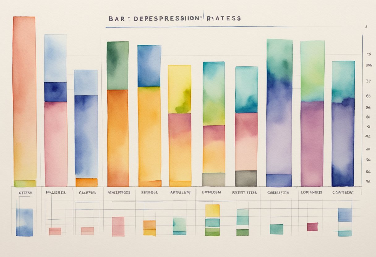 A bar graph depicting various careers with the highest depression rates, with clear labels and percentages