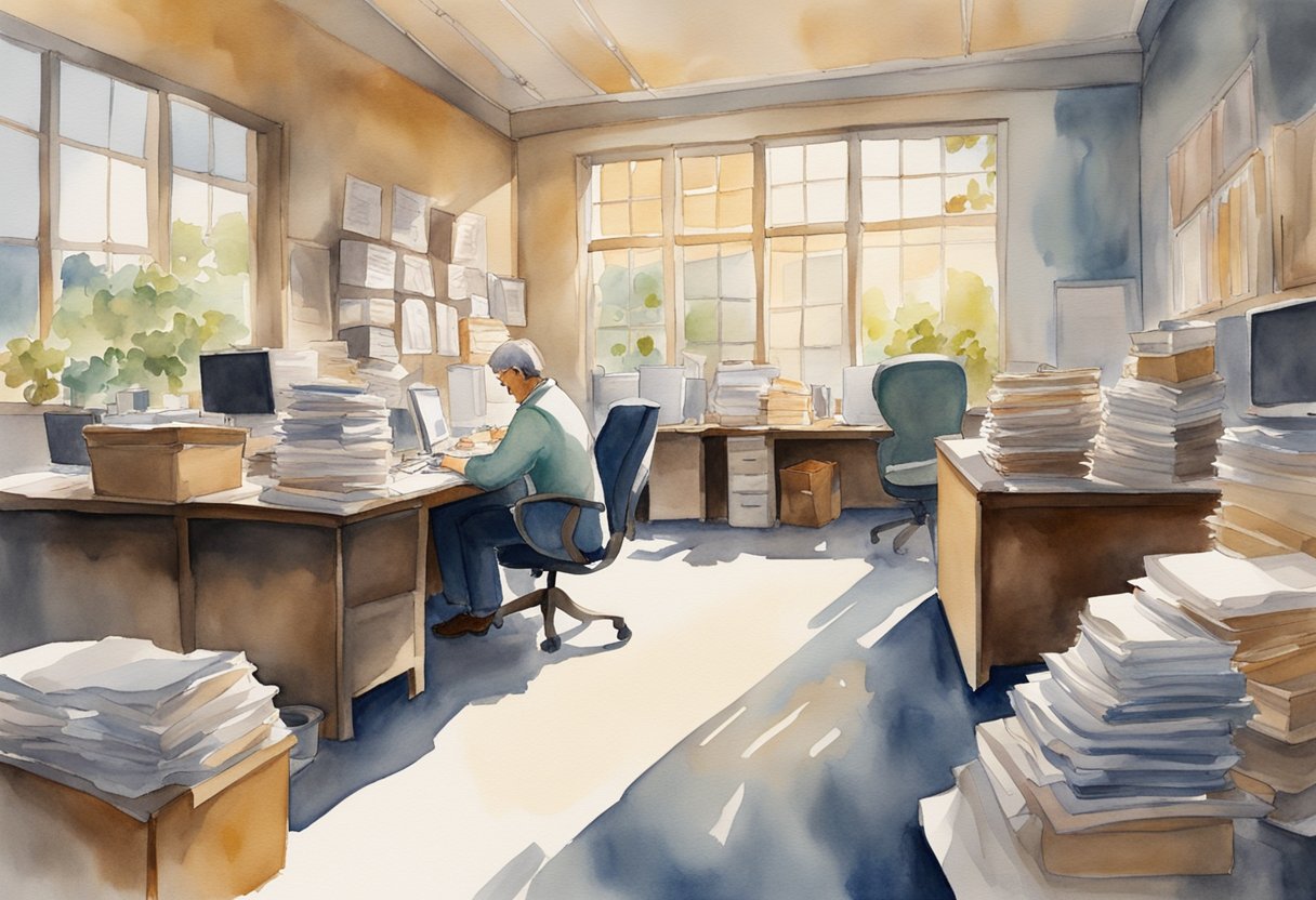 A cluttered, dimly lit office space with a lone figure slumped over a desk, surrounded by piles of papers and empty coffee cups. Outside, the sun shines on a park filled with people enjoying leisure activities
