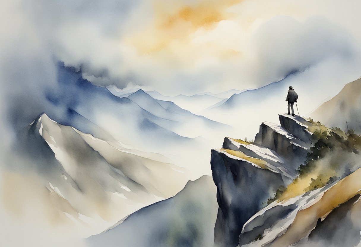 A lone figure stands atop a towering mountain, battling fierce winds and treacherous terrain, symbolizing the world's hardest job