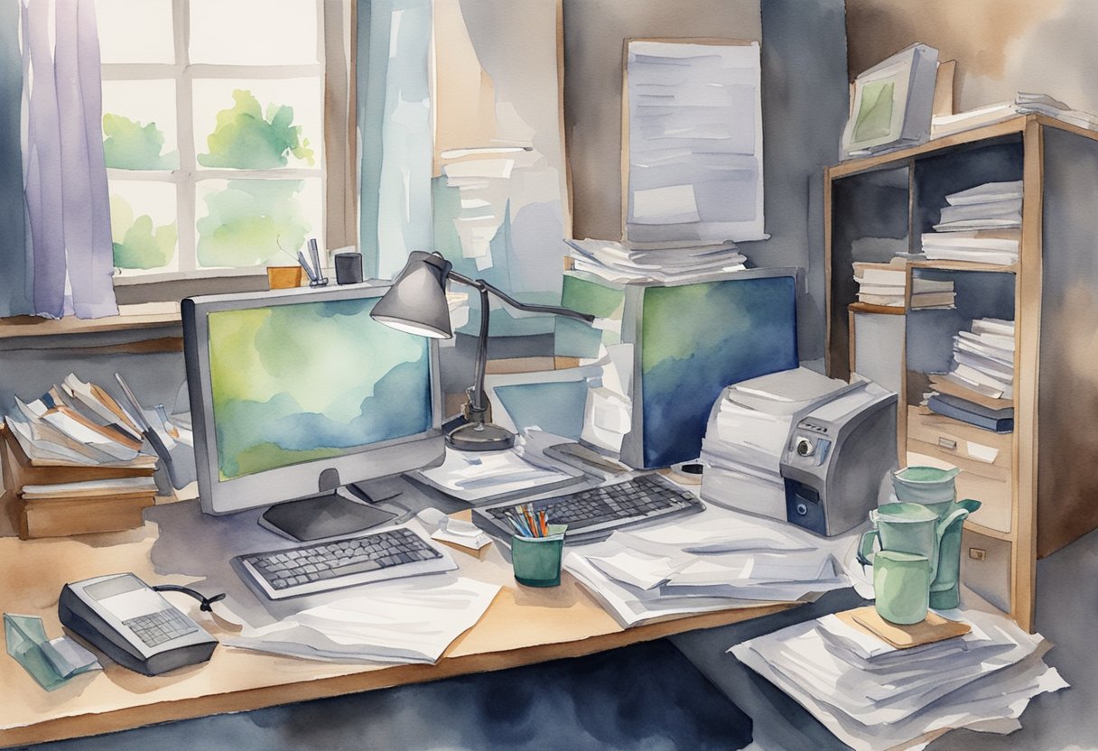 A cluttered desk with a computer, phone, and scattered papers. A clock on the wall shows late hours. The room feels suffocating and tense