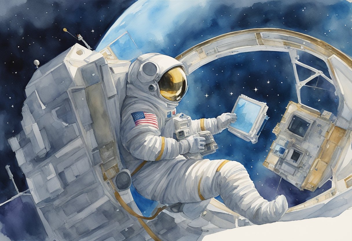A lone astronaut repairs a malfunctioning satellite in the vast emptiness of space