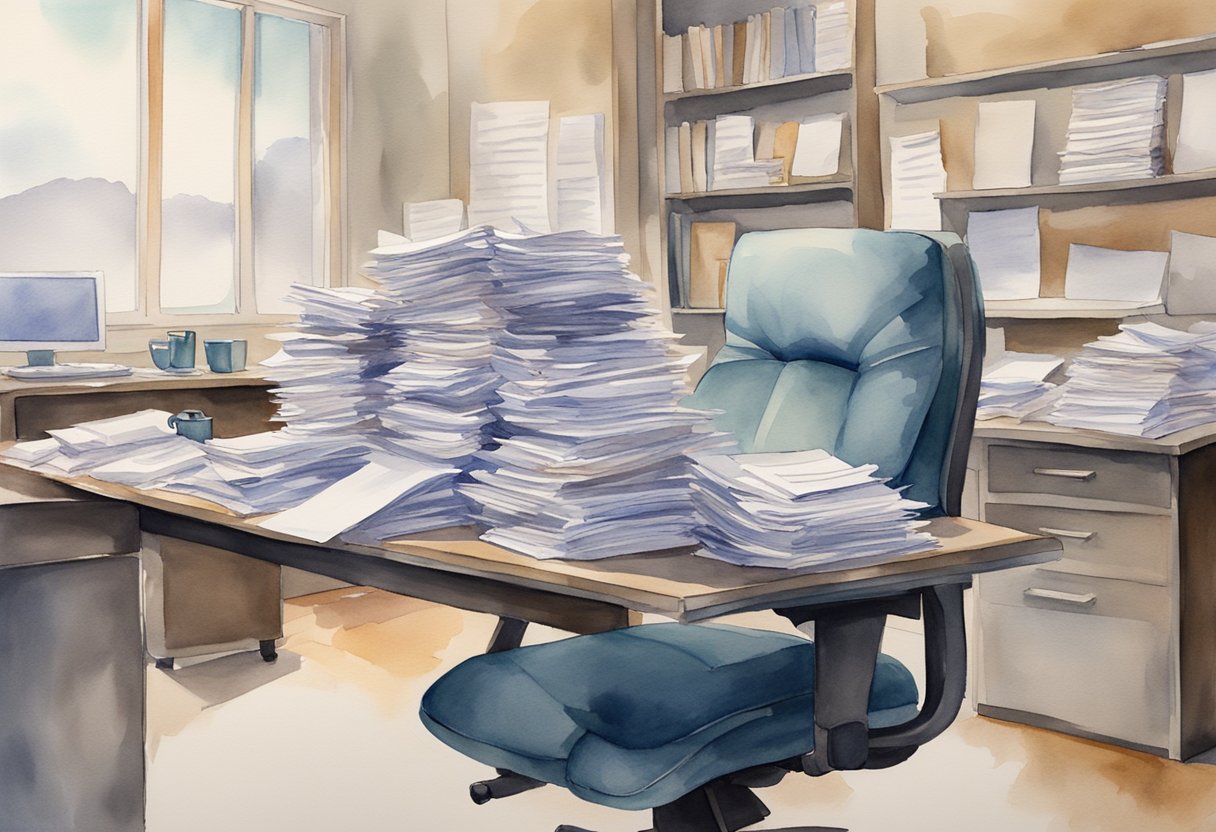 A mountain of paperwork towering over a desk, a clock ticking in the background, and a look of exhaustion on an empty office chair