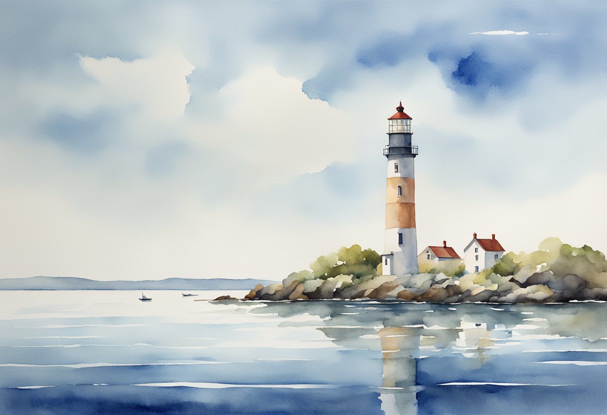 A sturdy lighthouse stands tall amidst calm waters, guiding ships safely to shore under a clear blue sky