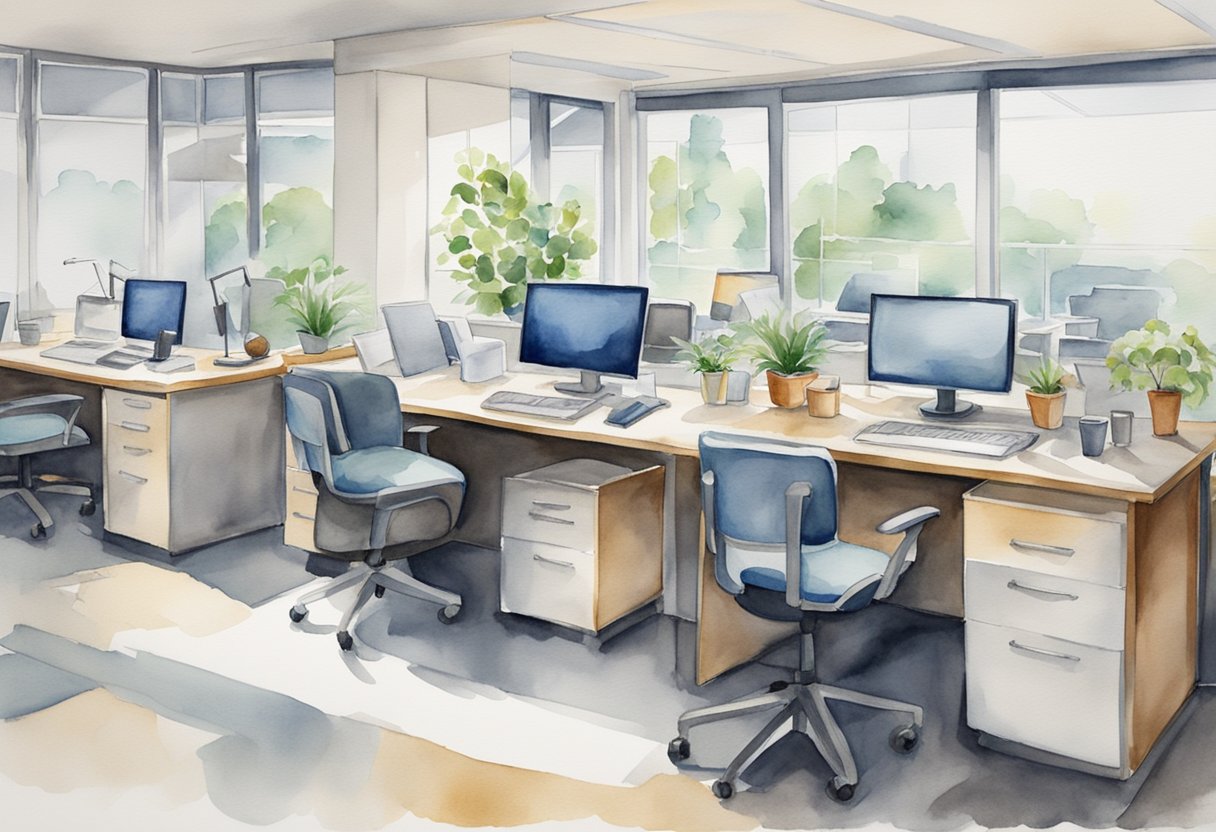 A serene, well-lit office environment with ergonomic furniture and safety equipment. An atmosphere of calm and security, with clear signs and protocols for safety measures